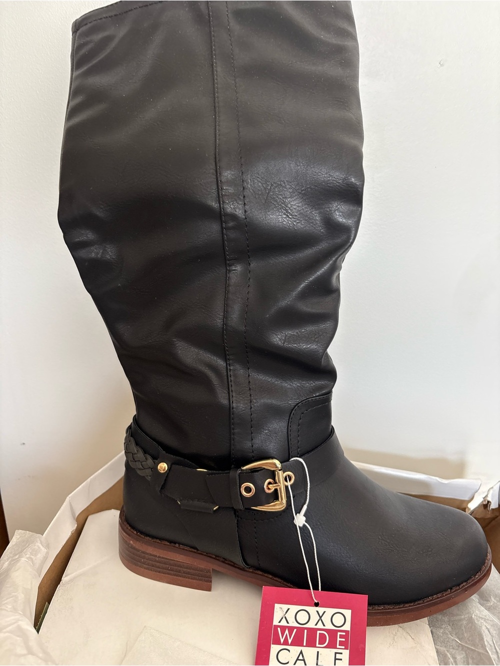 XOXO Black Wide-Calf Heeled Riding Boots with Gold Buckle